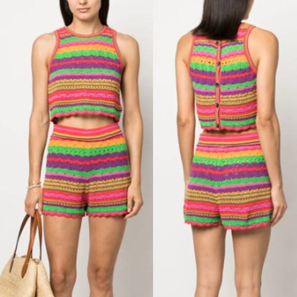 Ba&Sh Pierce Striped Crochet-Knit Top & Peck Short Set Red Multi Women's XS/US 2 - Picture 1 of 9